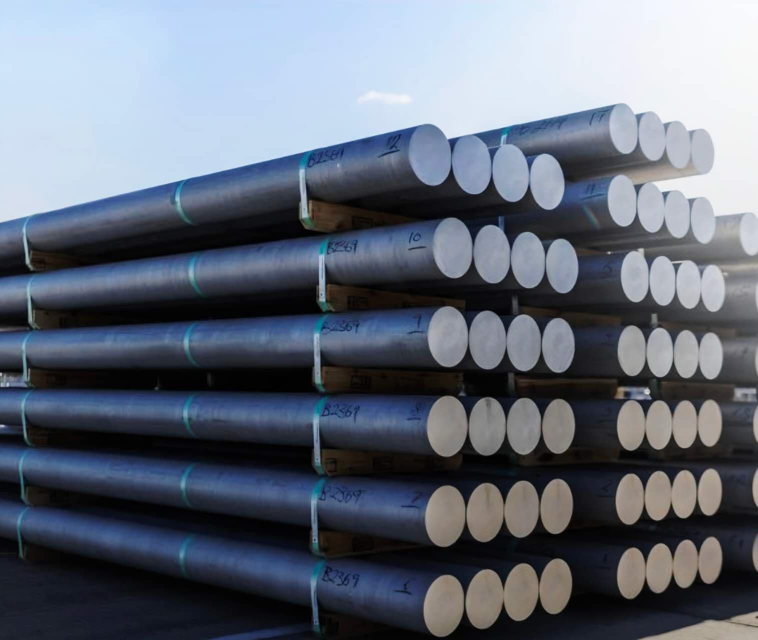 Bundled aluminum round bars stacked outdoors